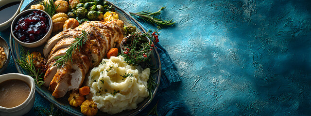 horizontal image, top view of a classic thanksgiving dinner on a blue isolated background with copy space for text. For banner, design, cover, etsy, shop, thumbnail, blog, social media, linkedin