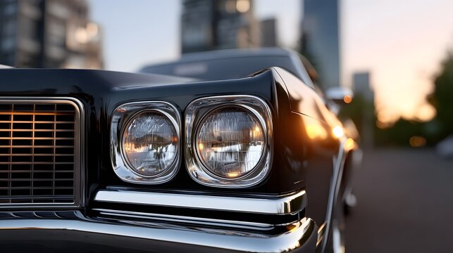 Fototapeta A classic, sleek vintage car with chrome-trimmed headlights parked against the backdrop of a modern city skyline at dusk.