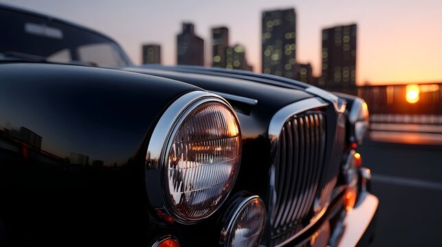 Fototapeta A sleek, classic vintage car with a chrome grille and headlights reflects the glowing sunset over the urban skyline in the background.