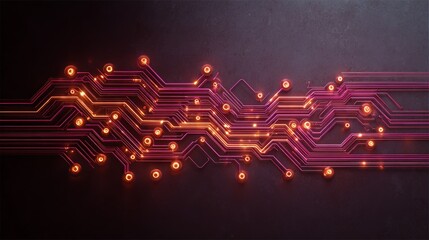 Circuit board lines with glowing orange data signals moving through a complex pattern, symbolizing technology, digital communication, and interconnected networks on a dark background