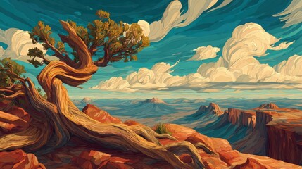 Artistic depiction of a gnarled tree on a cliff edge against a scenic mountain vista
