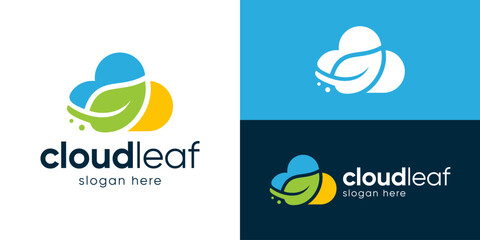 Creative simple cloud leaf logo template. Cloud with leaf eco friendly logo design vector illustration.