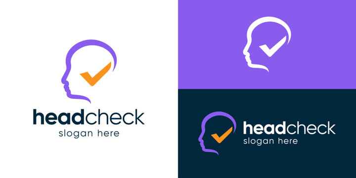 Creative simple head check logo template. Head brain with checkmark symbol, brain check logo design vector illustration.