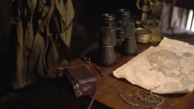 A vintage scene with map, binoculars, and compass, on a wooden table, in a dimly lit, rustic interior