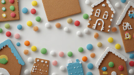 Cheerful deconstructed gingerbread house assembly for festive Christmas holiday baking. top view of cookie panels, colorful candy, and icing