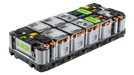 Electric vehicle battery pack 3D rendered, module layout with connectors, technical lighting, isolated on white background