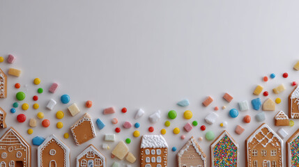 Charming top view of deconstructed gingerbread house village. Festive holiday background with colorful candy, icing and decoration copy space