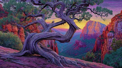 Vibrant painting depicts a gnarled tree in a colorful landscape with mountain vistas