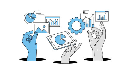 Hands Holding Data Visualization Elements Charts, Graphs, and Digital Devices for Analytics