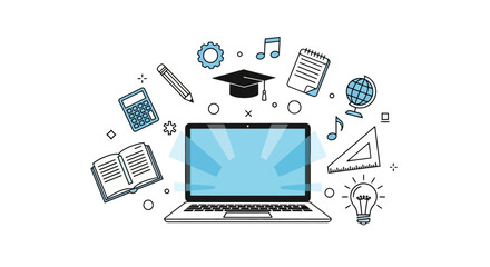 Online Education Concept Laptop with Study Icons | E-learning, Education, and Digital Learning