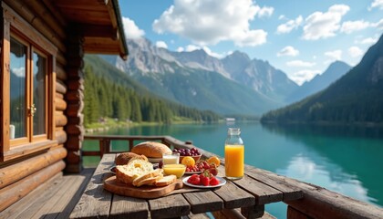 Wooden cabin offers lakeside breakfast with mountain backdrop. A rustic table displays fresh food and drinks against a stunning panorama. Enjoy a tranquil morning meal in natures beauty.