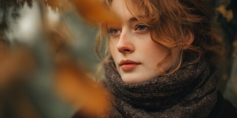 Fototapeta premium Woman with red hair and a scarf around her neck