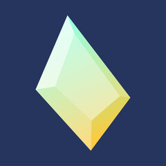 A luminous, multifaceted diamond-like gem with a gradient of soft yellow to light green hues against a dark blue backdrop