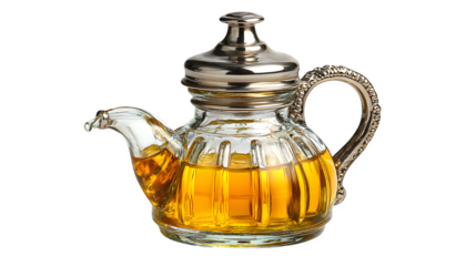 Elegant oil dispenser, glass cruet with stainless pour spout, kitchen light, isolated on white background