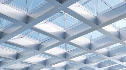 Modern architectural design featuring a grid pattern of skylights that create an interplay of light and shadows in an indoor environment