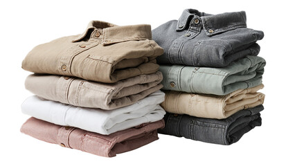 Stylish stack of folded shirts in various colors including beige white and gray showcasing versatile wardrobe options isolated on transparent background
