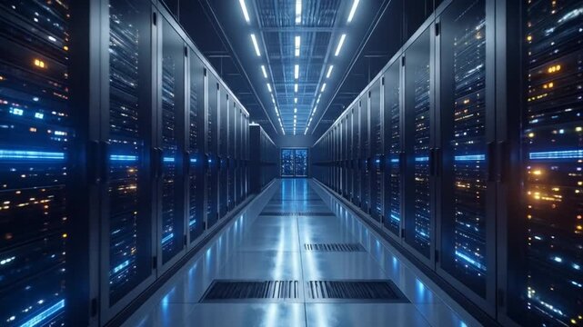 A long corridor in a data center with rows of server racks and blue lights.