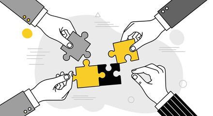 Teamwork and collaboration hands assembling puzzle pieces for business success and unity