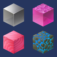 Four textured cubes displaying different materials like metal, crystal, wood, and stone in a isometric perspective