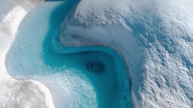 A curved turquoise glacier meltwater river cutting through white ice and snow.