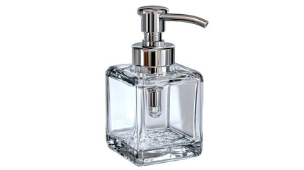Obraz premium Empty soap dispenser, transparent pump with reflective highlights, isolated on white background