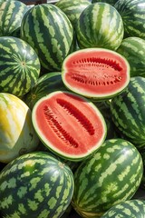 Vibrant ripe watermelons a stack of sweet juicy fruits one cut open showing red flesh
