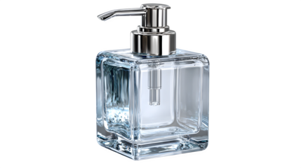 Empty soap dispenser, transparent pump with reflective highlights, isolated on white background