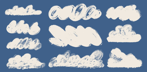 White fluffy crayon drawn clouds in a cute childish style. Hand-drawn naive sky icons with pastel chalk texture and rough doodle lines. Adorable vector illustration for kids design projects.