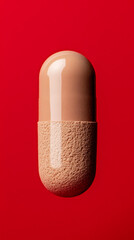 A studio shot features a capsule, half smooth and half textured, against a vivid red backdrop. The pill's unique surface contrast draws the eye in this striking composition.