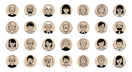 Diverse collection of minimalist avatar icons on a beige background