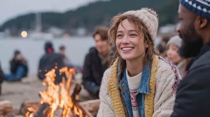 Happy smiling woman with friend at an outdoor bonfire gathering at dusk. man and woman share warm and candid conversation together