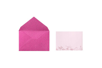 Overhead shot of a pale pink card with a line-drawn flower illustration, next to the back of an opened 
 pale pink  littery envelope