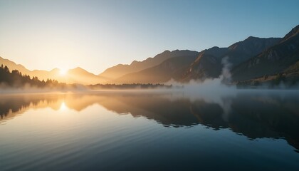Early morning sunrise casting golden light over still lake surrounded by mountains, reflection of sky and peaks on water surface, 