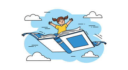 A Child's Imagination Girl Flying on a Book Carpet through Cloudy Skies
