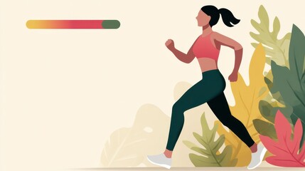 Fitness & Anti‑Procrastination Challenge Concept. A woman jogging amidst vibrant foliage and a progress bar.