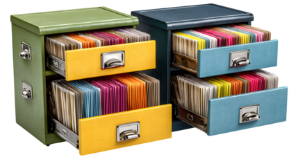 Filing cabinets with folders, open drawers with papers visible, isolated on white background