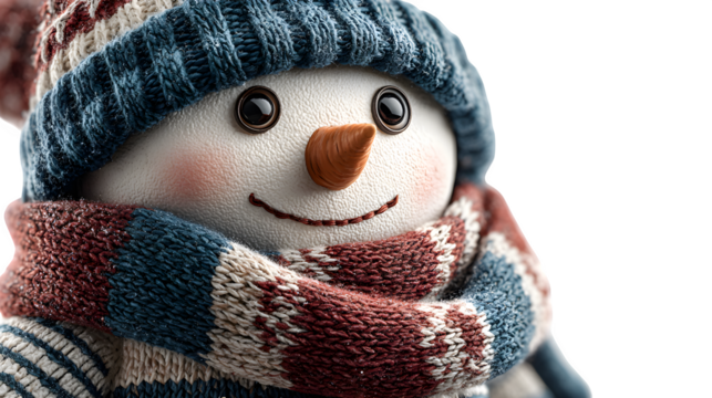 Festive snowman with scarf and hat, cheerful detail with winter theme, isolated on white background