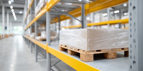 Naklejka premium Pallet of cardboard is on a shelf in a warehouse