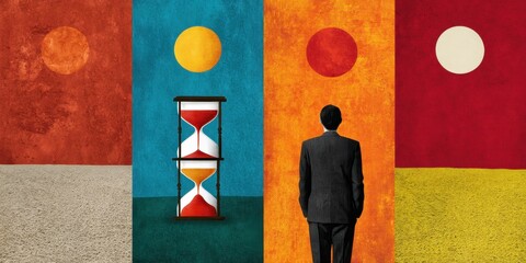 Fitness & Anti‑Procrastination Challenge Concept. Surreal illustration of a man with an hourglass against colorful backgrounds.
