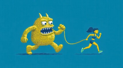 Fitness & Anti‑Procrastination Challenge Concept. A fun illustration of a girl jogging with a friendly monster.