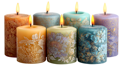 Floral decorated candles, pastel tones with soft flame glow, isolated on white background
