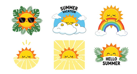 Collection of cheerful sun illustrations for summer vacation, featuring various designs and moods