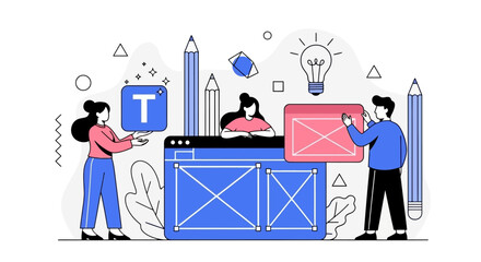 Website Design and Development Illustration Creative Team Working on Interface Elements