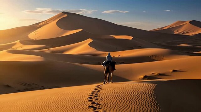 Experience the majestic Sahara Desert with a solitary traveler riding a camel through stunning dunes, perfect for travel inspiration and adventure themes