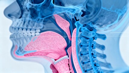 Blue and pink hue X-ray medical image, throat anatomy cross-sectional radiographic view;