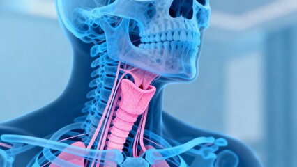 Blue and pink hue X-ray medical image, throat anatomy cross-sectional radiographic view;