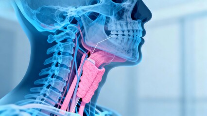 Blue and pink hue X-ray medical image, throat anatomy cross-sectional radiographic view;
