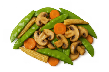Fresh stir-fry vegetables with button mushrooms, snow peas, baby corn, and carrot slices, ready for healthy cooking