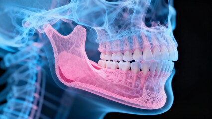 Blue and pink hue X-ray medical image, cross-sectional view of the jaw teeth anatomy through X-ray perspective