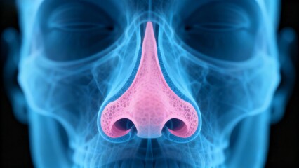 Blue and pink hue X-ray medical image, facial nose anatomy cross-sectional radiography